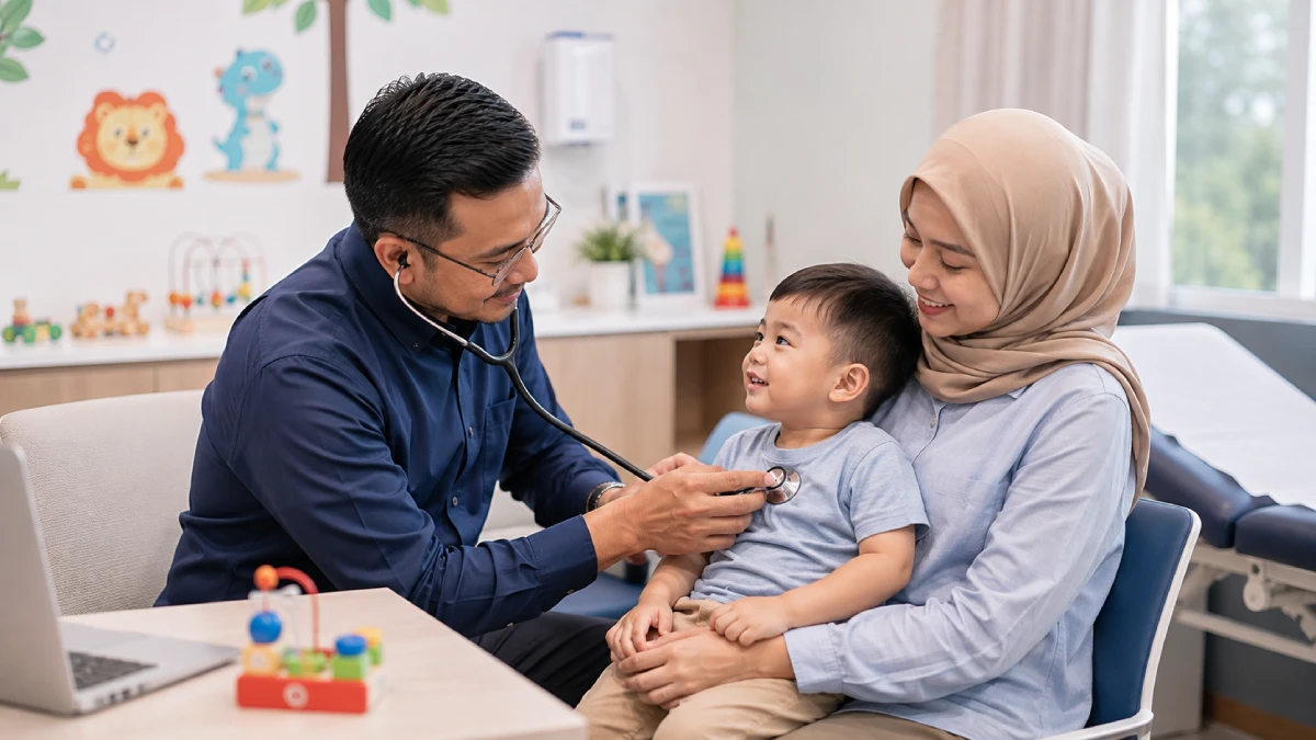 Paediatrician caring for a young child with a parent present